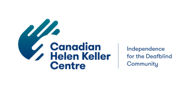 Blue logo with a hand over another hand. Text reads Canadian Helen Keller Centre: Independence for the Deafblind Community.